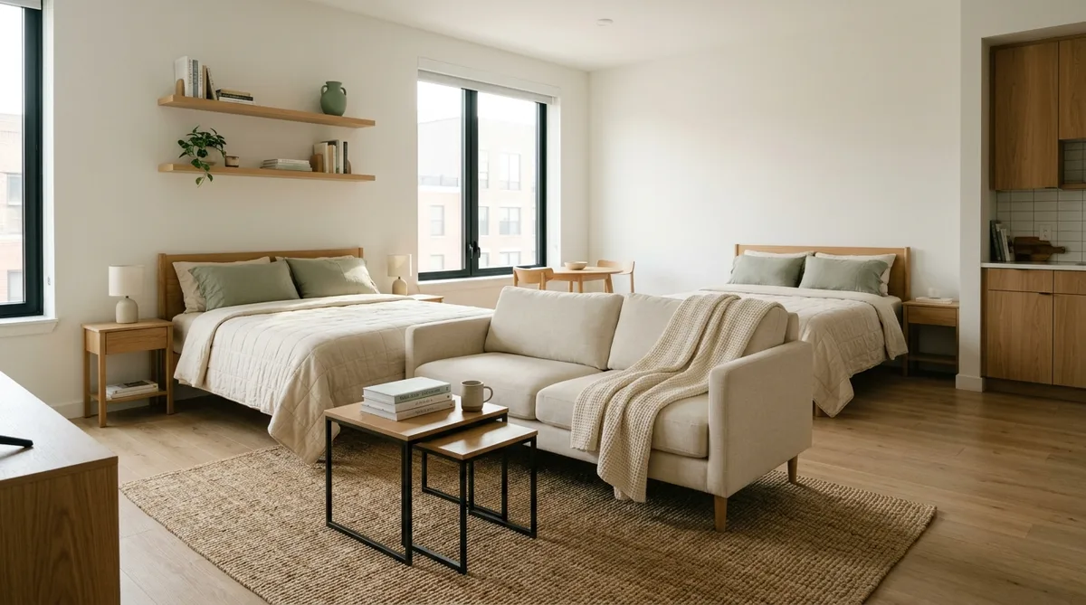 A before-and-after style studio apartment showing furniture pushed to walls on left side with cluttered feel versus floated furniture arrangement on right with open walking zones and rug-defined areas, both from same 450 sqft space, warm natural light
