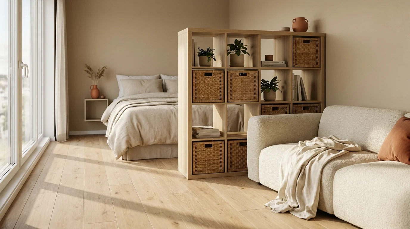A warm minimalist studio apartment with a light oak IKEA KALLAX bookcase positioned as a room divider between a cream sofa living area and a queen bed, woven baskets in the cubbies, terracotta plant on top, soft morning light from left window