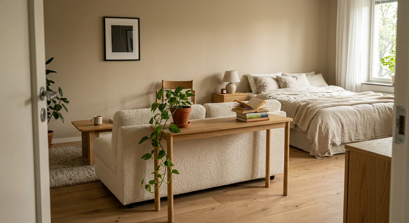 A warm minimalist studio apartment viewed from the entry showing a cream boucle sofa with its back facing a queen bed in the far corner, slim natural oak console table behind the sofa with a trailing pothos plant, soft afternoon light from the right window
