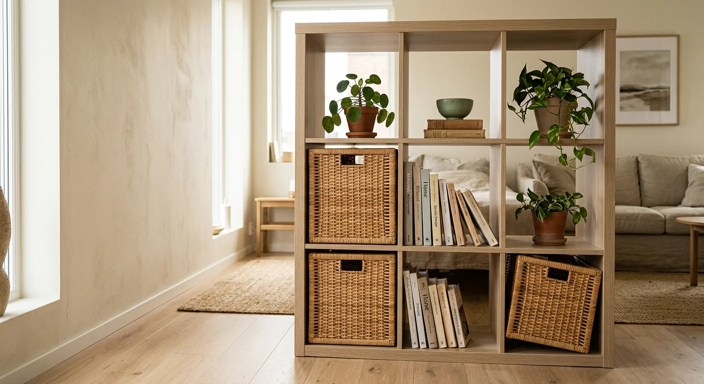 An IKEA KALLAX 4x4 light oak bookcase positioned perpendicular to a cream wall as a studio apartment room divider, woven rattan baskets in four cubbies, open cubbies showing small plants and books, sage green ceramic bowl accent, morning light from the left