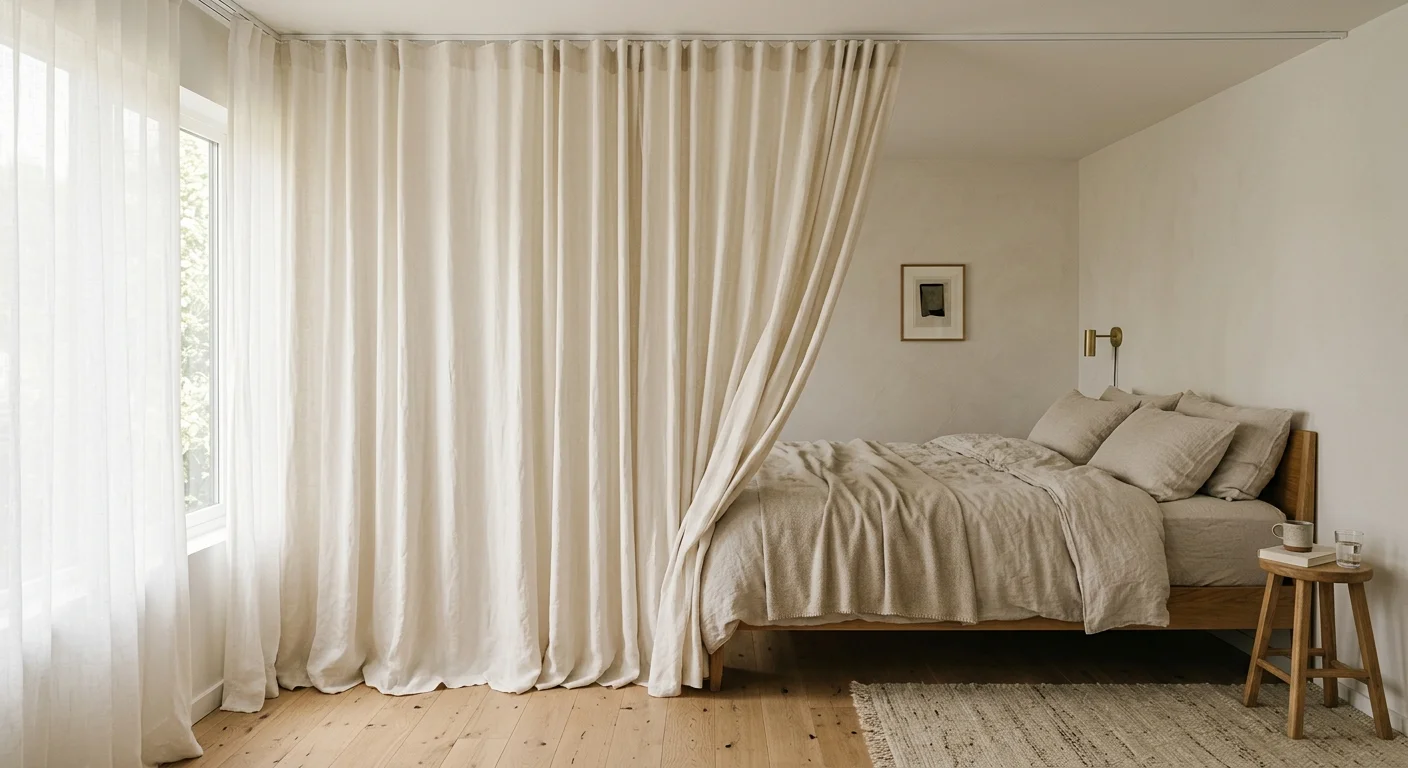 A studio apartment sleeping area with floor-length ivory linen curtains hanging from a ceiling-mounted track creating a soft room divider, curtain slightly pulled aside showing a neatly made bed with oat linen bedding beyond, morning light filtering through sheer fabric