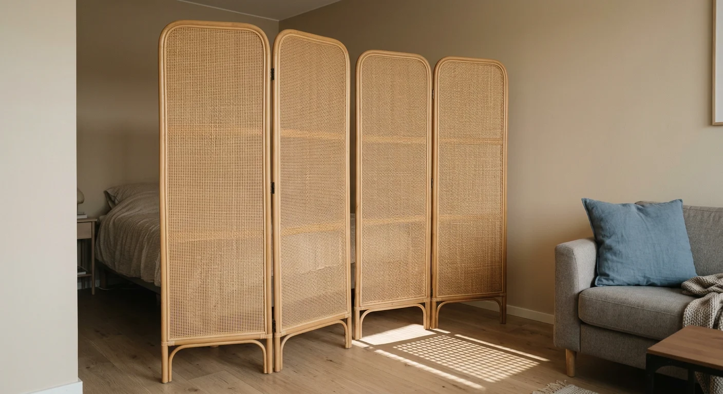 A four-panel rattan folding screen in natural warm tone positioned in a studio apartment between a bed zone and living area, light passing through the woven rattan panels creating a warm shadow pattern on light oak flooring, dusty blue linen cushion visible on sofa beyond