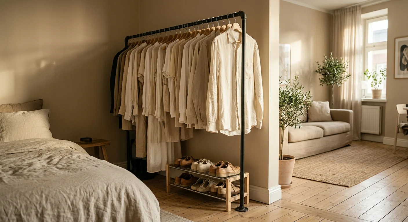 A dark matte black industrial pipe clothing rack used as a studio apartment room divider, cream and neutral linen garments hanging at full length, a small shoe rack below, natural oak floor, warm late afternoon light from the right window, slight depth of field blur on the living area beyond