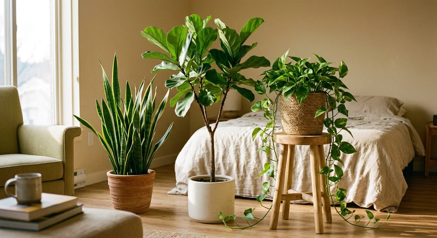 A row of three tall houseplants used as a studio apartment room divider: a fiddle leaf fig, a large snake plant in a terracotta pot, and a trailing pothos on a stool, staggered heights creating a soft green wall, warm morning light from the left window, light oak plank floor
