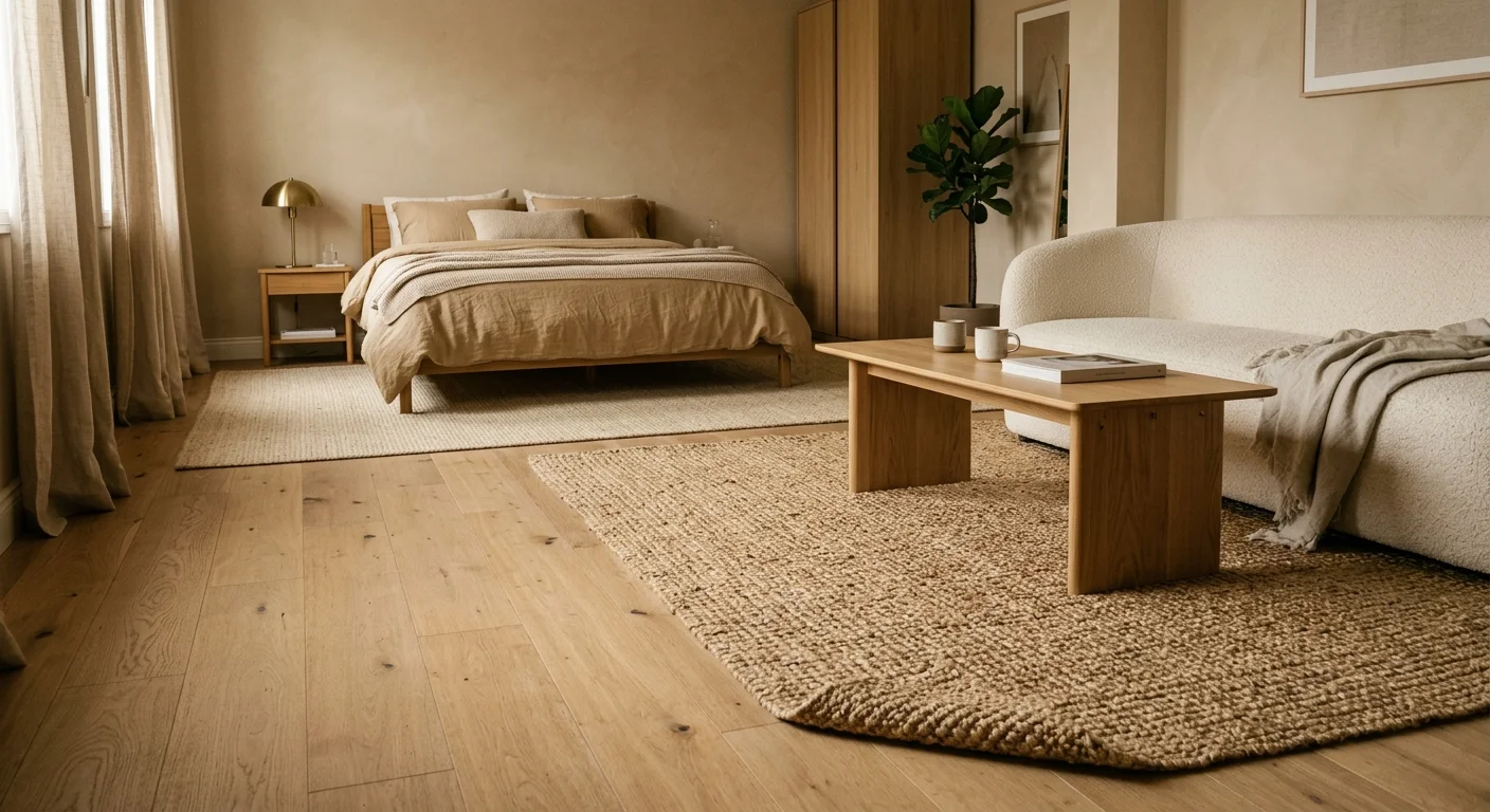 A studio apartment floor showing two distinct zone rugs: a hand-knotted jute rug under a cream sofa and oak coffee table in the foreground with a different natural fiber rug visible under a queen bed in the background, light oak plank floor between the two zones, soft diffused morning light