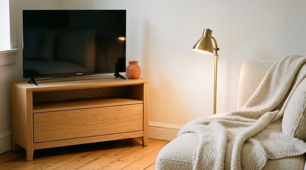 A cozy small living room evening scene with a TV console angled in the corner, warm brass lamp light, cream sofa with a chunky knit throw, no permanent changes made to the room