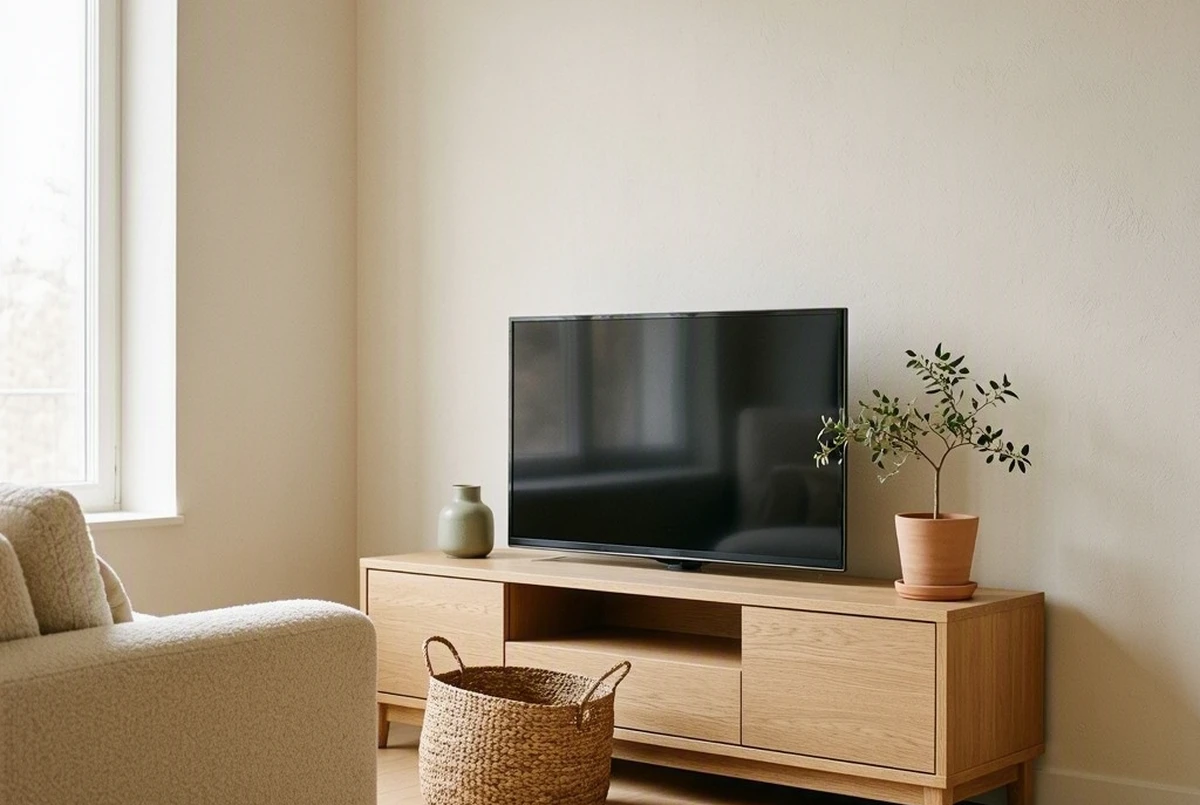 A light oak TV console placed diagonally across a living room corner with a TV, small potted plant, and woven basket, cream sofa angled to face it directly