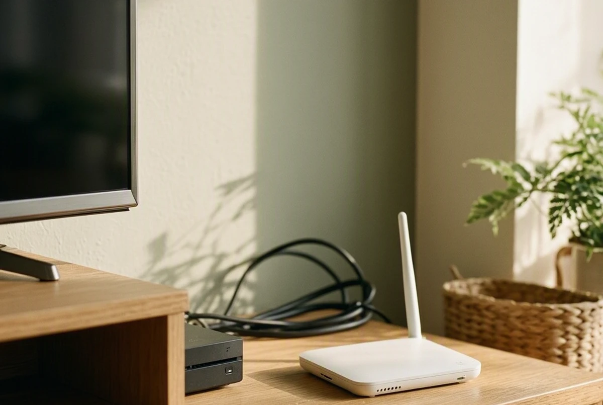 A close-up of a shallow light oak TV console in a corner holding a game console and router, cord bundled neatly along the back edge, warm afternoon light