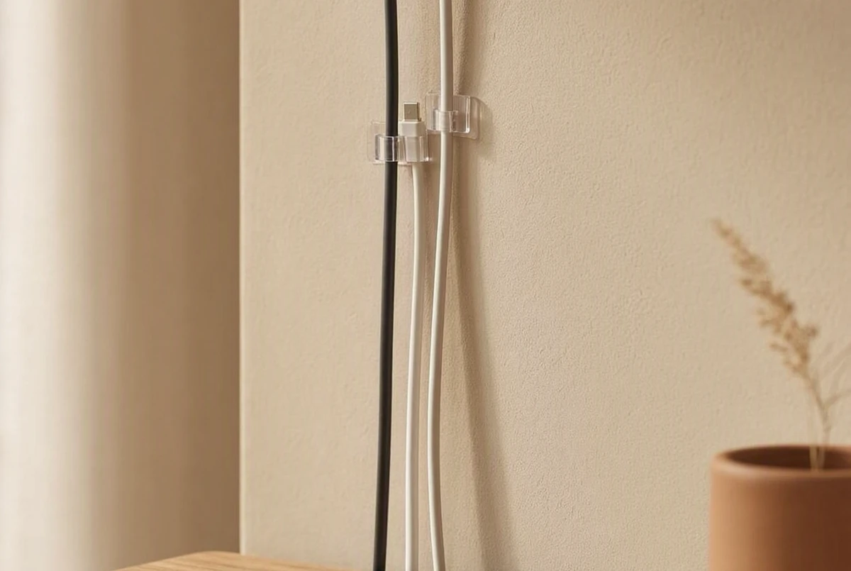 A TV cord and power cable run neatly along the back edge of a light oak console using clear adhesive cord clips, no wall damage, natural light