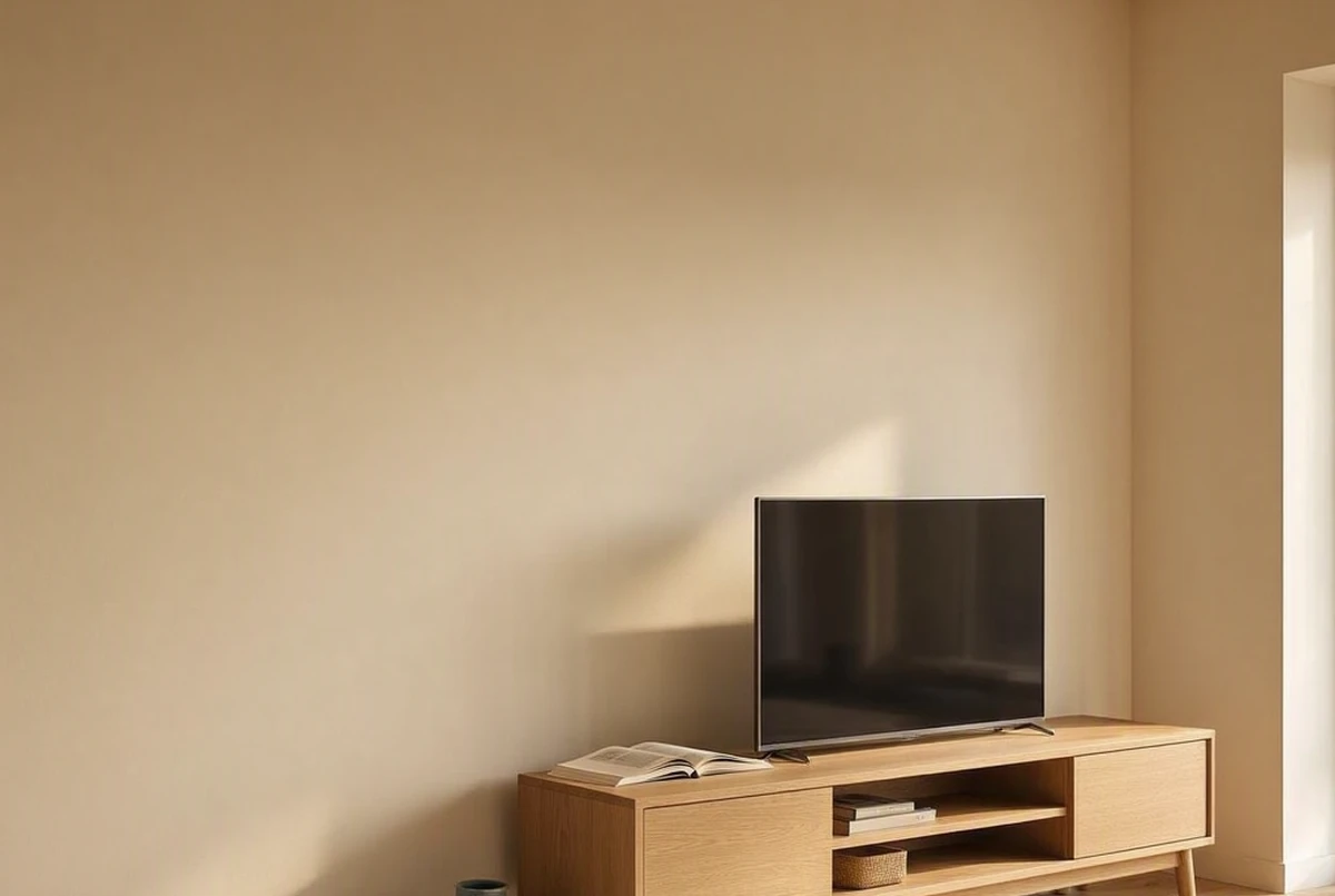 A freestanding light oak TV console angled in a living room corner with no wall mount, plain wall visible above the TV, renter-friendly setup