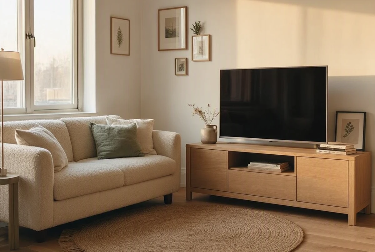 A finished small living room TV corner featuring a light oak console, cream sofa angled toward the screen, small rug defining the zone, soft evening light