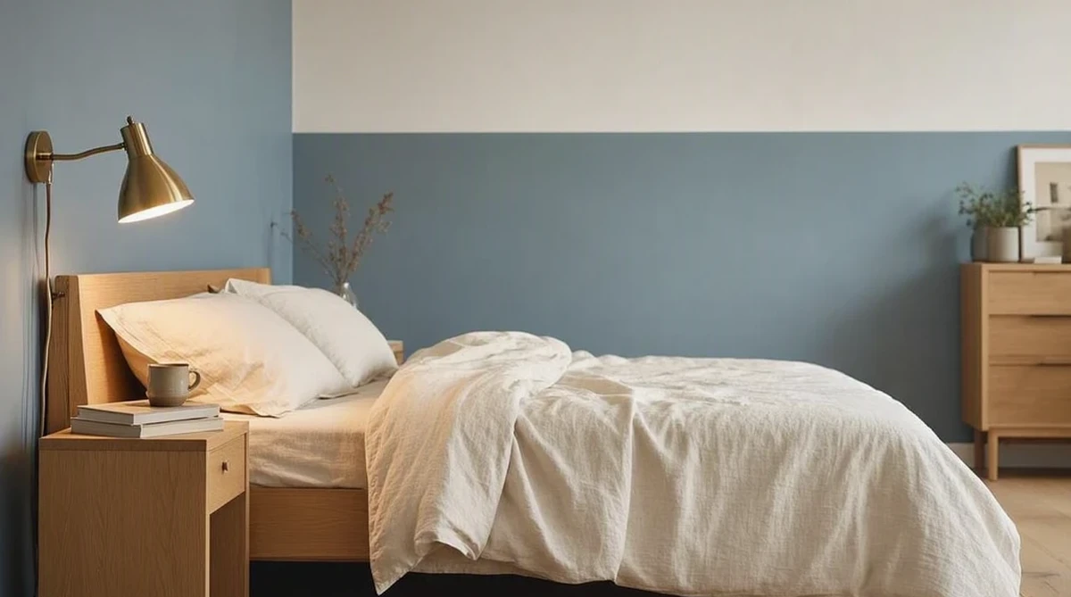 A small bedroom at evening with a two-tone accent wall in dusty blue and warm white, a light oak bed with linen bedding, a brass reading lamp switched on, a jute rug, soft warm light