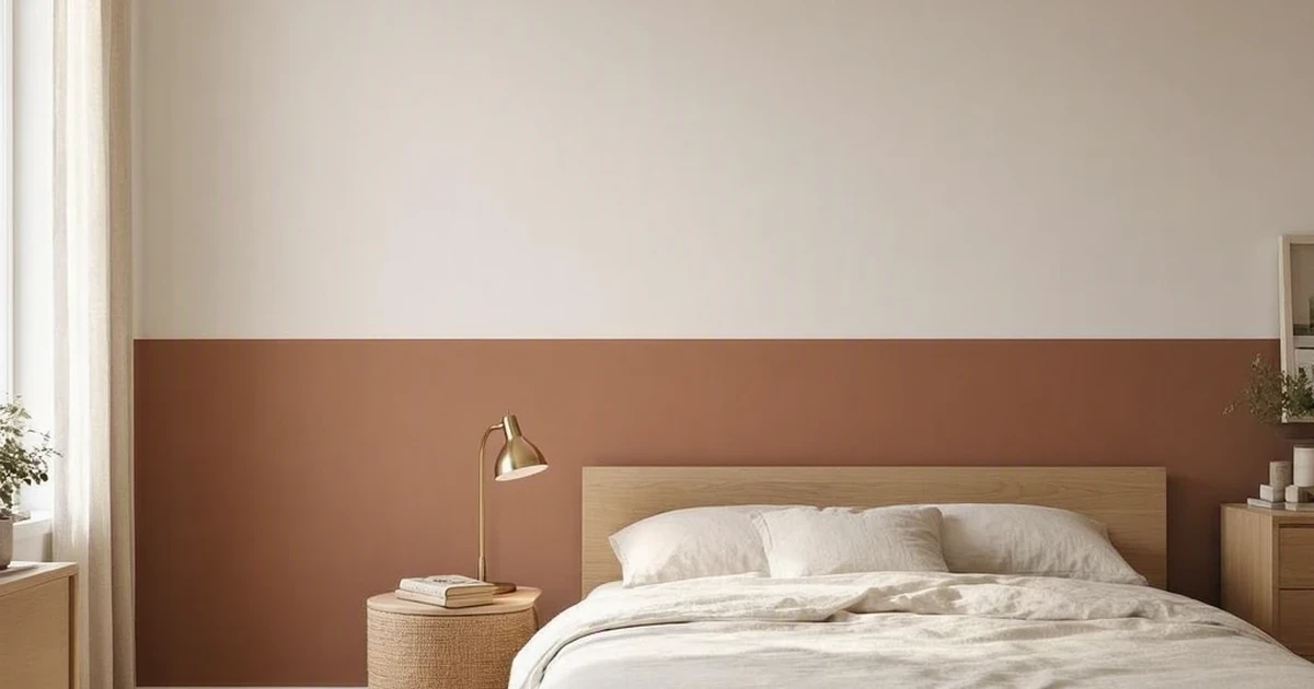 A small bedroom with a two-tone accent wall behind the headboard, deep clay lower half and soft warm white upper half split at 48 inches, a light oak bed frame with linen bedding, a brass reading lamp, morning light from a side window