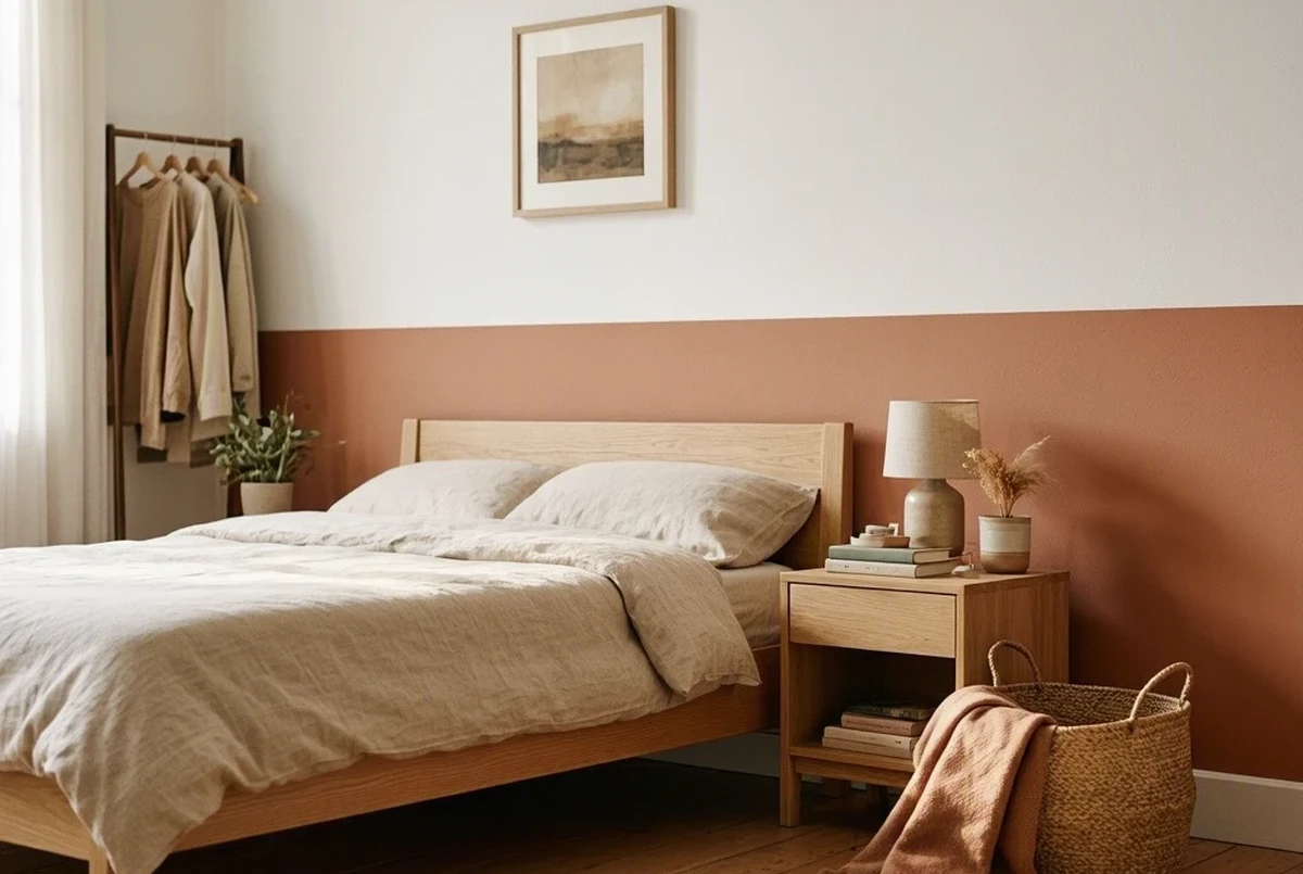A small bedroom headboard wall with a horizontal two-tone split, warm terracotta lower half and soft white upper half, a light oak platform bed, a woven basket beside the nightstand, morning light from the left
