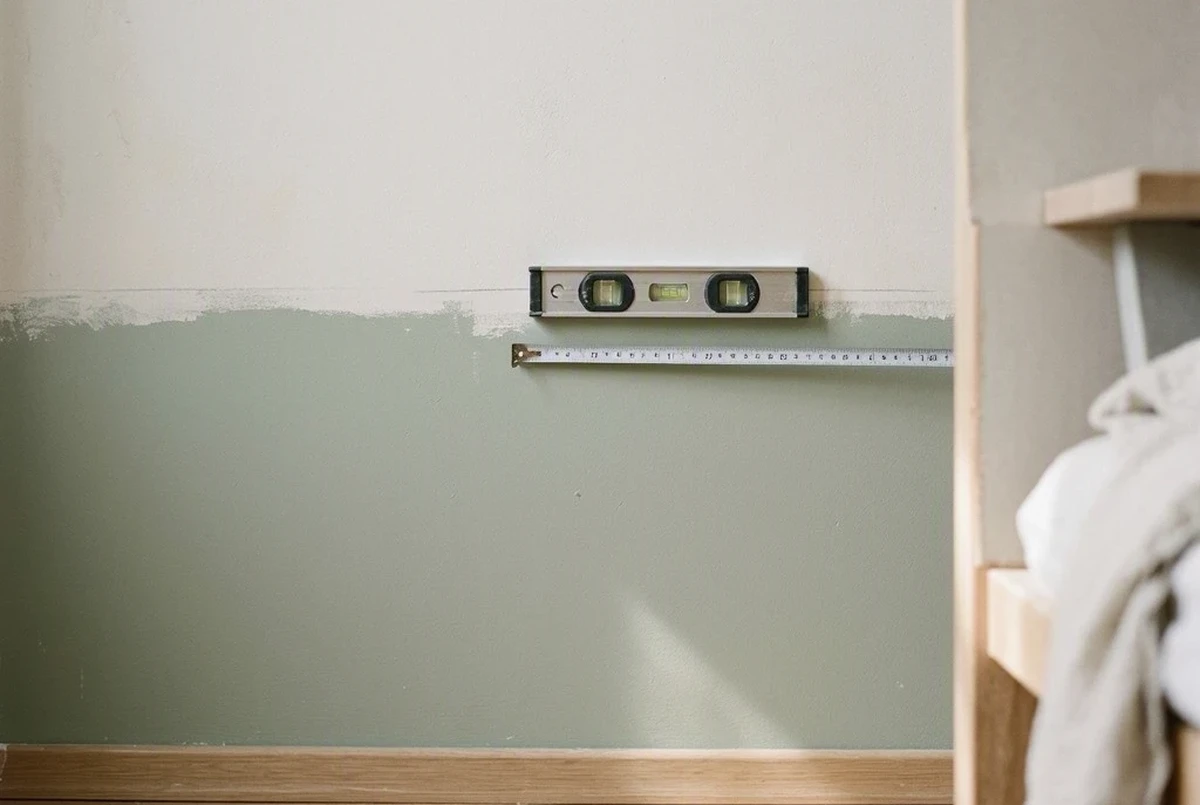 A close-up of a bedroom wall showing a measuring tape and level marking a horizontal line at headboard height, muted sage lower paint and warm white upper paint, soft afternoon light