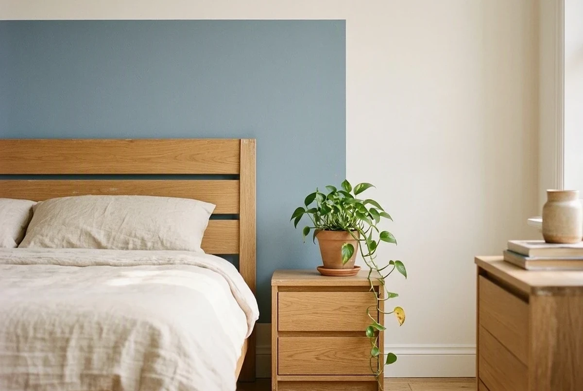 A small bedroom showing a headboard-height painted block in dusty blue behind a light oak bed, surrounded by warm white wall, one trailing pothos plant on the nightstand, afternoon light from the right