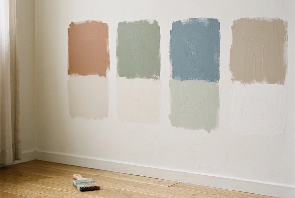 Four painted swatches on a small bedroom wall showing two-tone pairings in clay, sage, dusty blue and warm greige, each split horizontally, natural diffuse morning light