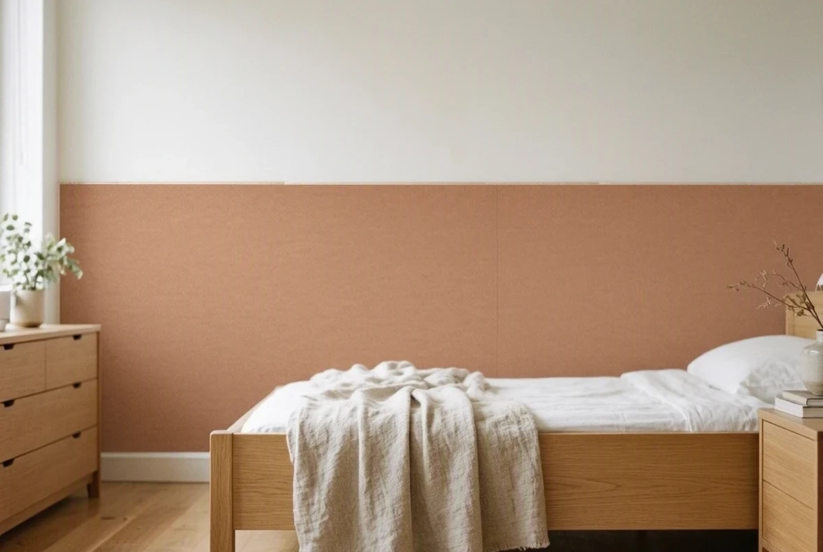 A rental bedroom wall with peel and stick wallpaper applied to the lower half in a muted terracotta tone, warm white paint above, a light oak bed frame, a linen throw draped over the footboard, soft morning light