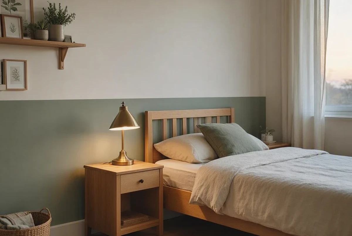 A small bedroom with a correctly proportioned two-tone wall, muted sage lower third aligned just above the headboard and warm white above, light oak bed frame, evening lamp light casting a warm glow