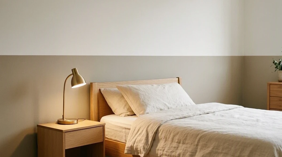 A small rental bedroom at evening with a two-tone paint combination, warm greige lower half and soft white upper half, light oak bed frame, brass lamp switched on, warm light