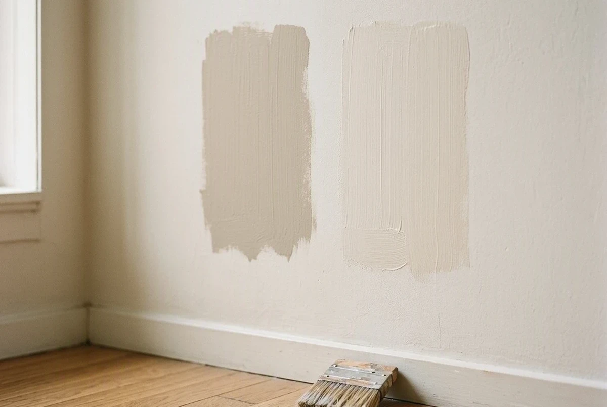 Two paint swatches side by side on a small apartment wall, warm greige and warm white showing matching undertones, natural morning light