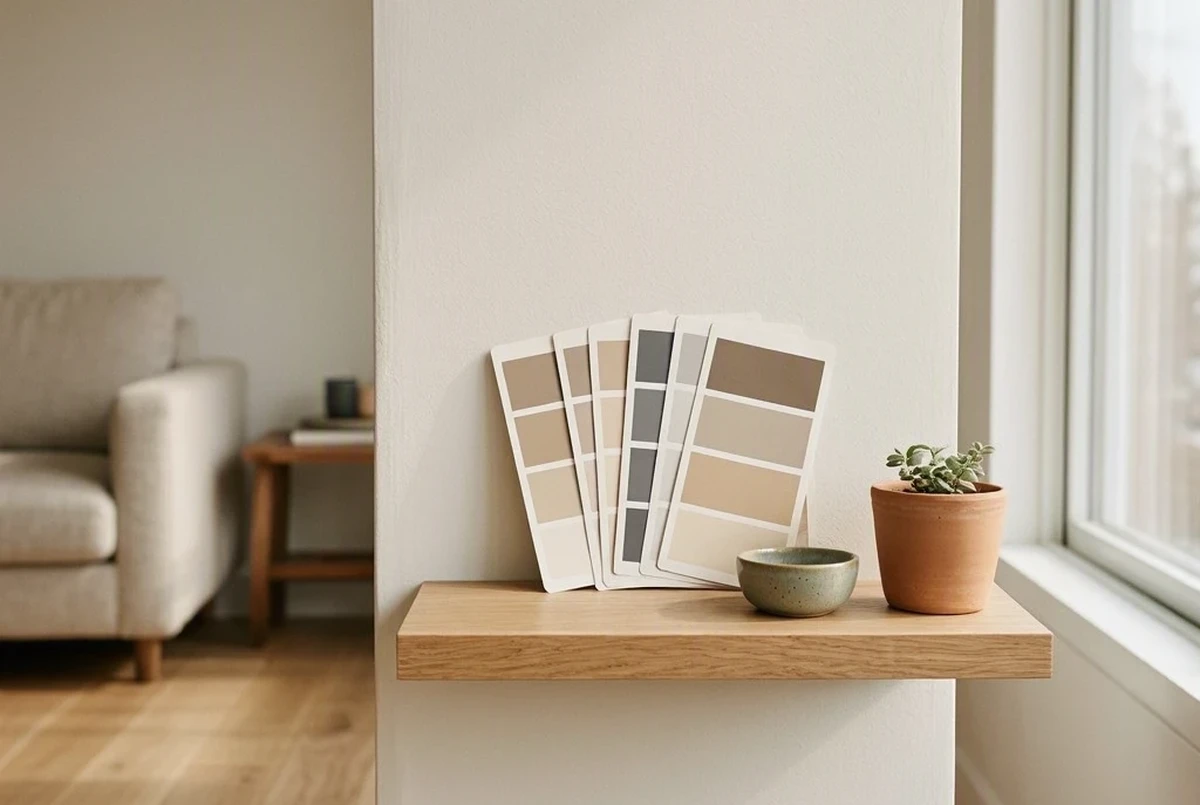 A small apartment corner showing six paint swatch cards fanned out on a light oak shelf, warm and cool neutral tones, soft afternoon light