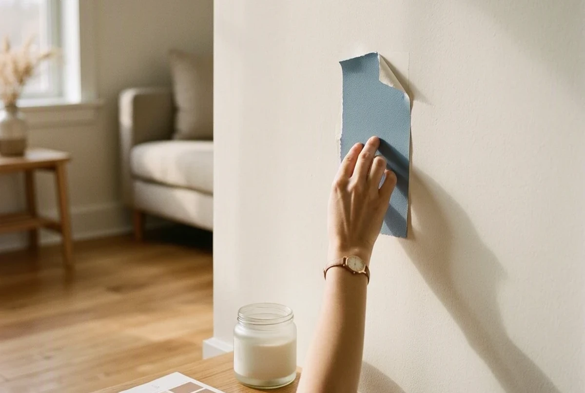 A hand applying a peel and stick paint sample swatch to a small apartment wall next to a Benjamin Moore paint sample jar, natural window light