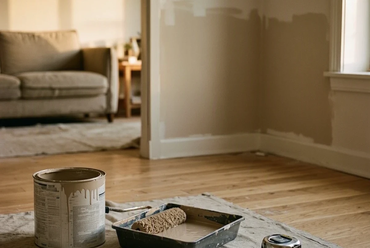 A paint can and roller tray on a drop cloth in a small apartment, warm greige paint visible, measuring tape nearby, afternoon light