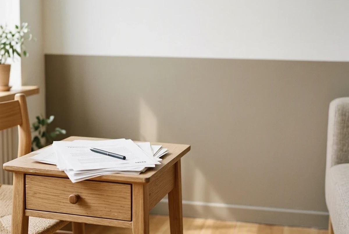 A small apartment wall with a neutral two-tone paint job, warm greige and white, a lease document and pen resting on a side table nearby, soft window light