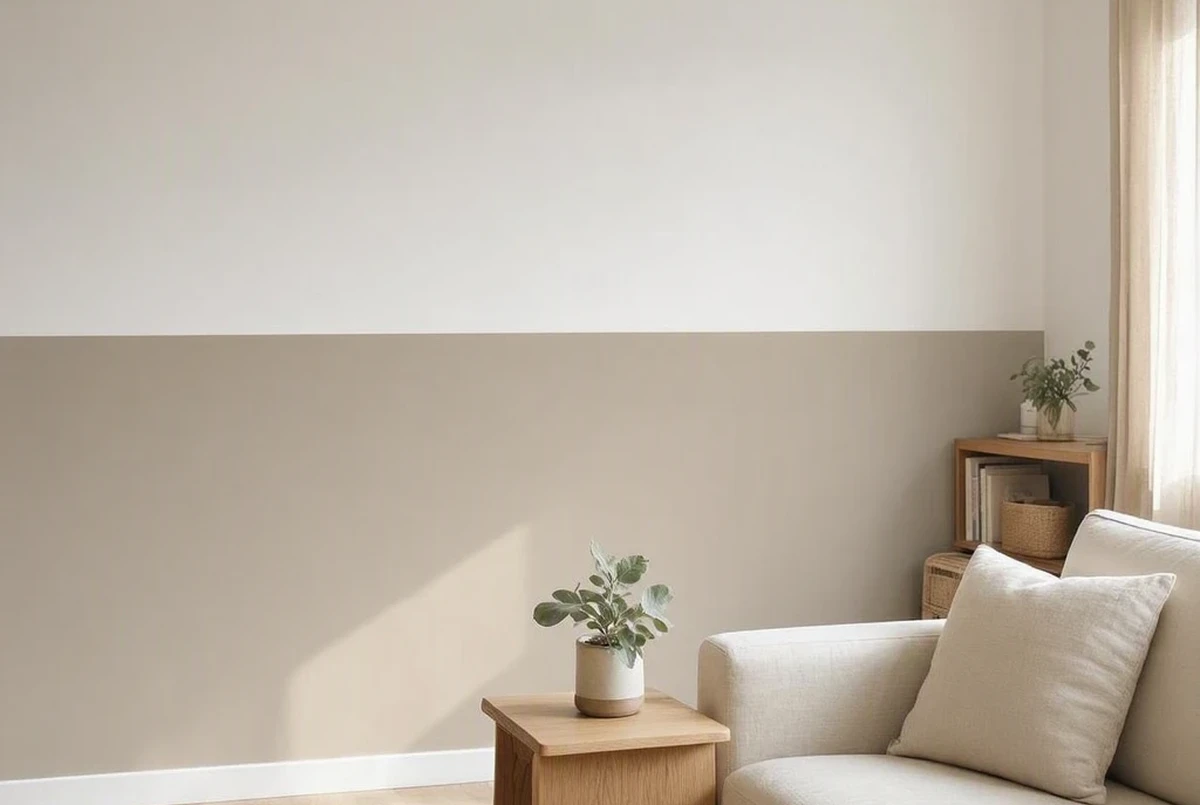 A small apartment living room showing a correctly executed two-tone paint pairing, warm greige lower half and crisp white upper half, cream sofa, natural afternoon light