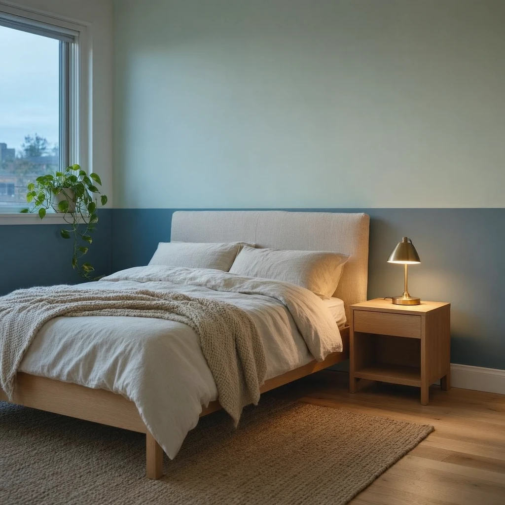 A small apartment bedroom with a two-tone accent wall in dusty blue and pale greenish white, a light oak bed with a linen headboard, a brass bedside lamp switched on casting warm light, a jute rug, and evening light through the window
