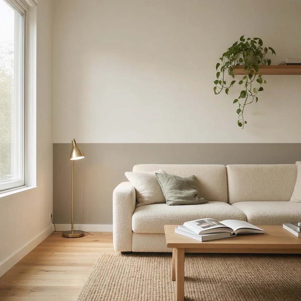 A small apartment living room with a two-tone wall behind the sofa, warm greige lower third and soft white upper two-thirds, a cream sofa with a sage cushion, jute rug, morning light from the left