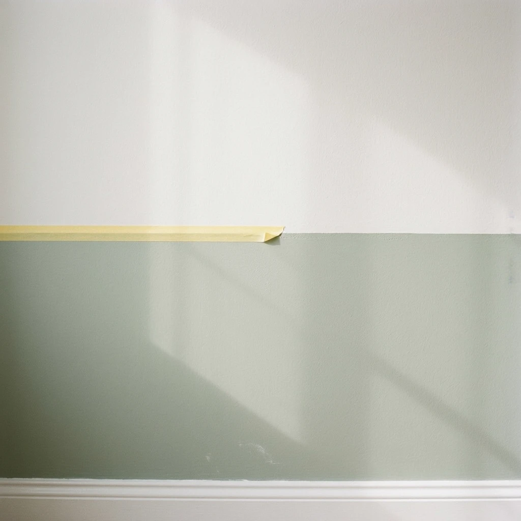 A close-up of a two-tone apartment wall showing the horizontal split line at chair rail height with painter's tape applied, warm white upper paint and muted sage lower paint, morning side light