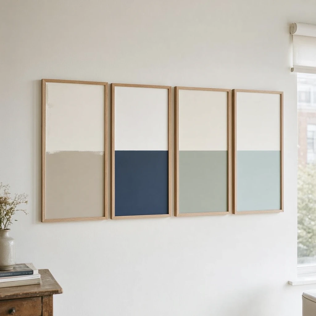 A small apartment wall with four painted swatches showing different two-tone pairings: warm greige, navy, sage green, and soft blue, each split horizontally, natural diffuse afternoon light