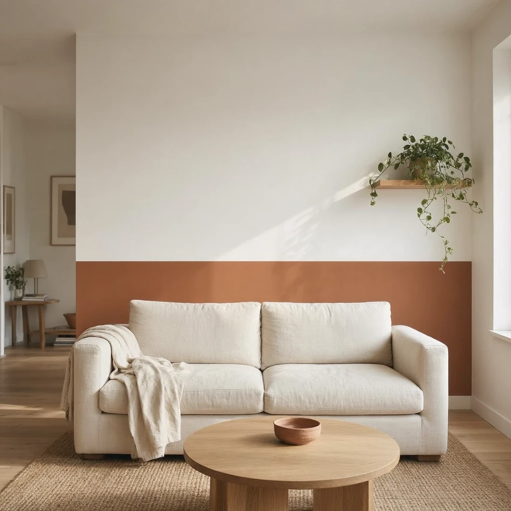 A small apartment living room showing a full two-tone wall with classic horizontal split, warm terracotta lower third and matte white upper two-thirds, sofa and coffee table in front, afternoon light from the right
