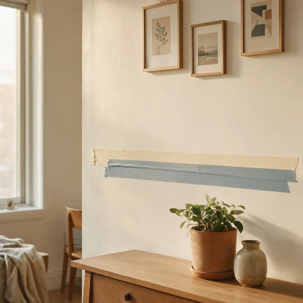 A small rental apartment wall with wide washi tape applied horizontally at 36 inches creating a clean visual divide between a warm neutral lower band and white above, morning light