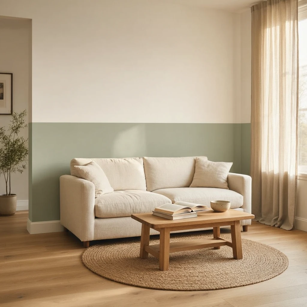 A small apartment living room with a successful two-tone wall, sage lower third and soft white upper two-thirds, showing correct furniture alignment with sofa back at the same height as the split line, natural afternoon light