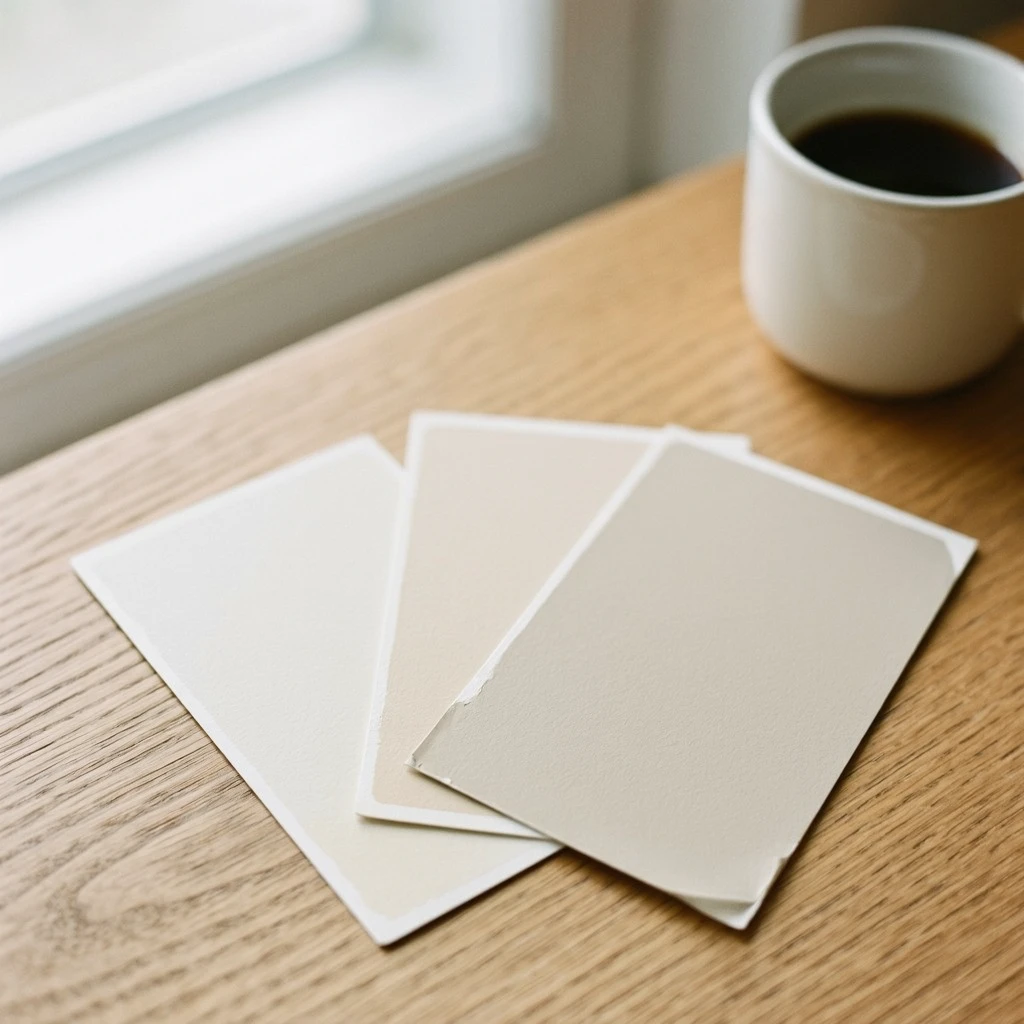 Close-up of paint sample cards in warm white and greige tones held against a matte plaster wall in a small bedroom, soft afternoon light from the right, natural wood floor visible at the bottom