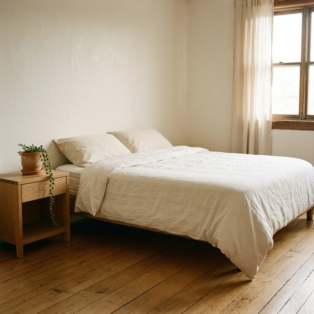 A small bedroom with cream-white painted walls, low platform bed with oatmeal linen bedding, light oak floating shelf with a small ceramic vase, sage green accent cushion, soft morning light from the left, slightly off-center composition