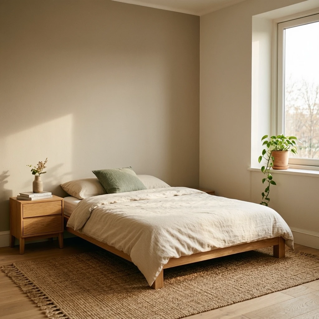 A small bedroom with warm greige walls in Benjamin Moore Pale Oak tone, white linen bedding, light oak plank floor with natural grain, dusty blue linen cushion on a low platform bed, soft late afternoon light from a single right window
