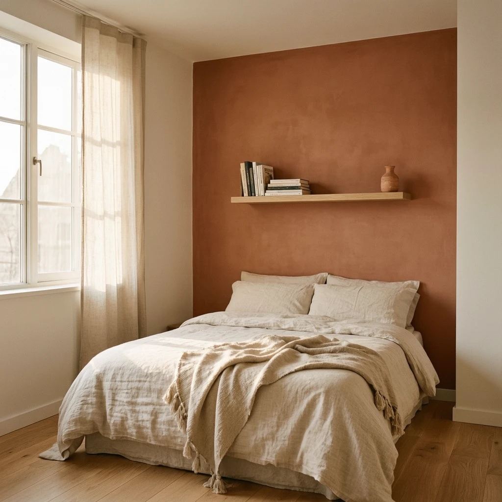 A small bedroom with one warm clay-pink accent wall behind a low bed with cream boucle bedding, remaining three walls in soft off-white, terracotta pot with trailing plant on a wooden bedside table, warm morning light from the left
