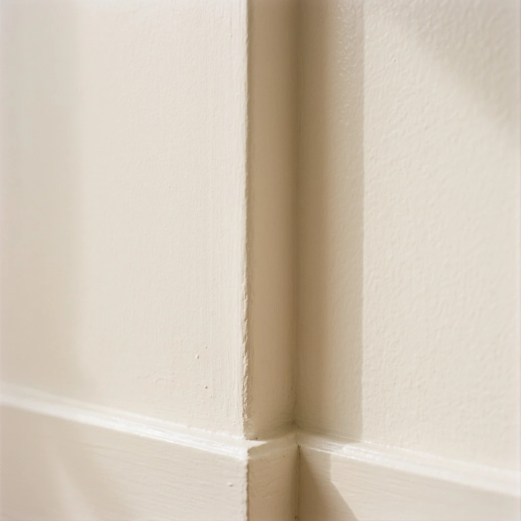 Detail shot of a bedroom wall and baseboard junction where trim is painted the same warm white as the walls with no contrast line, light oak plank floor, soft morning light from the left