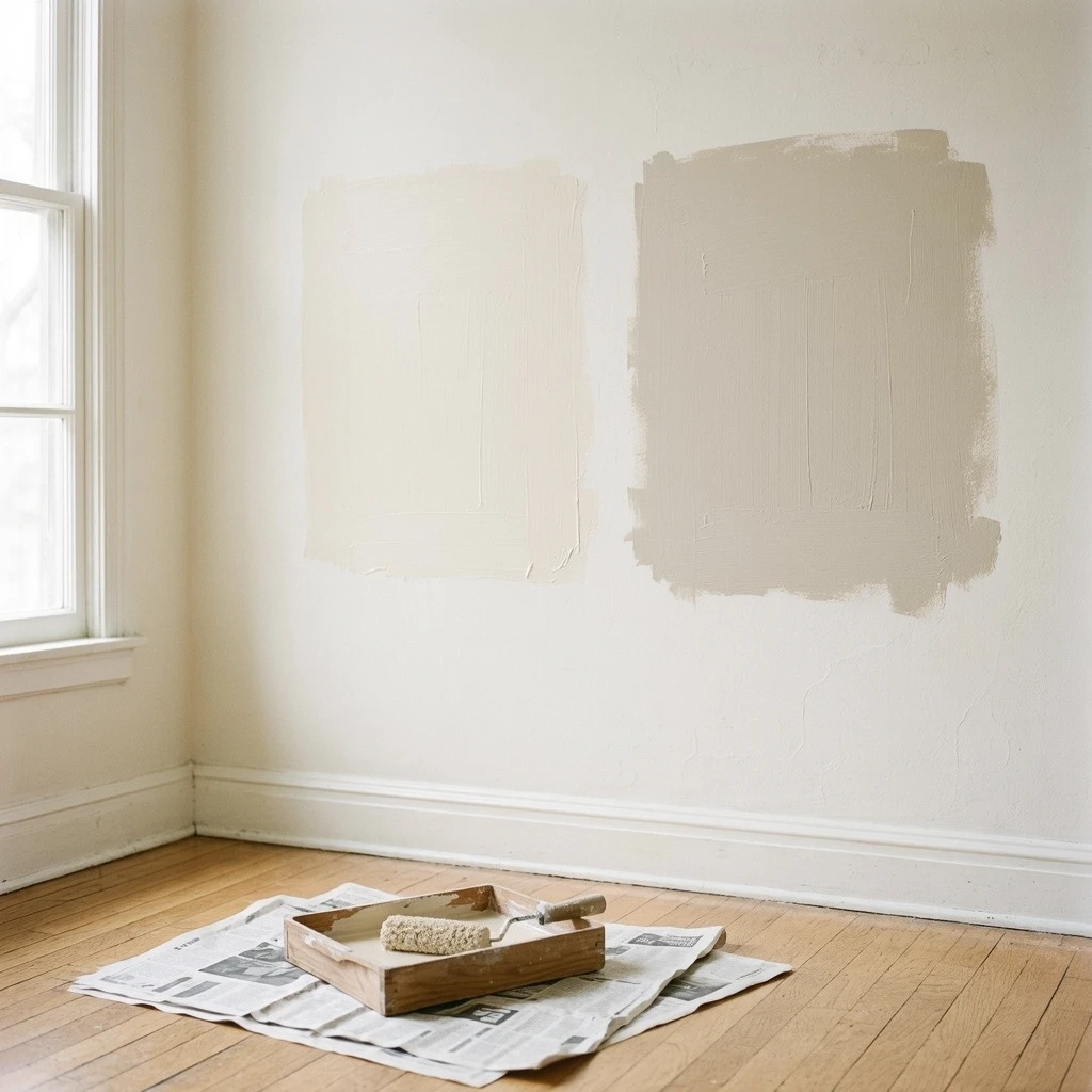 Two large 18-inch paint swatches on a bedroom wall side by side, one in warm cream-white and one in warm greige, with a small ceramic bowl in the foreground on a light oak floor, afternoon light from the right