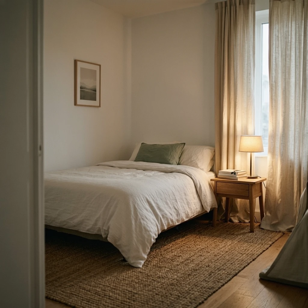 A small rental bedroom with original white walls, floor-to-ceiling ivory linen curtains, large natural jute rug, a warm 2700K reading lamp on a wooden nightstand, trailing pothos in a terracotta pot, soft evening light
