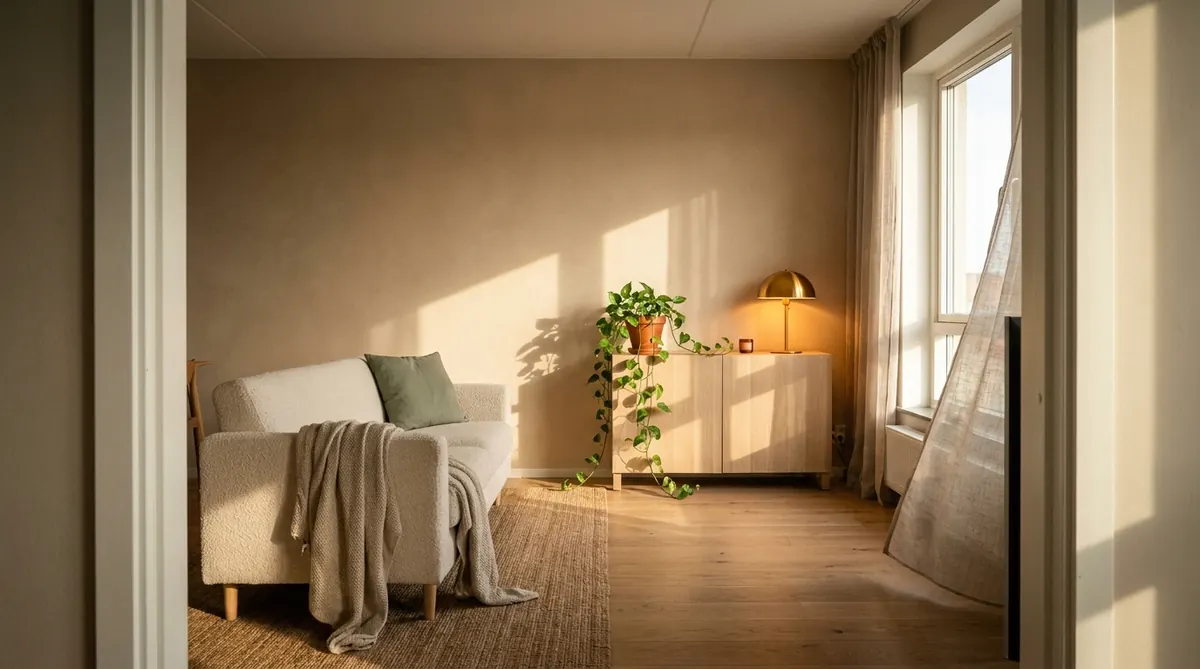 Full warm minimalist studio apartment living room viewed from doorway, showing cream boucle sofa, jute rug, pothos sideboard, and brass lamp, golden late afternoon light streaming through large window with linen curtains