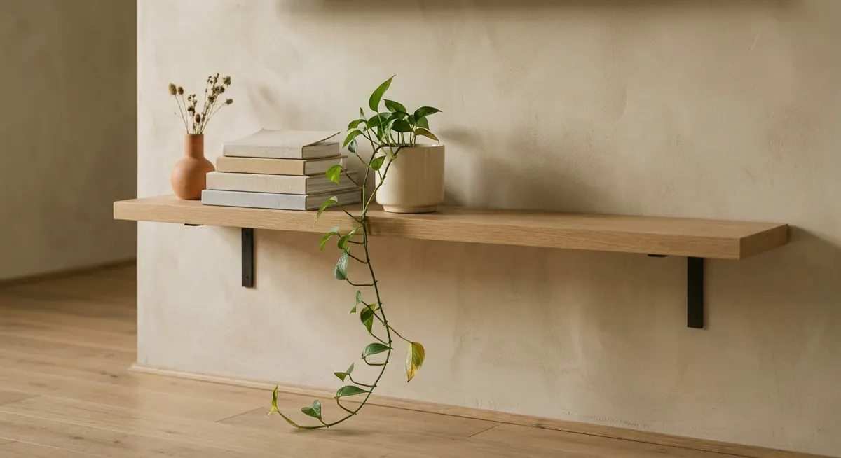 Warm minimalist apartment shelf close-up featuring a terracotta vase with trailing pothos, stacked books, and light oak shelf with natural wood grain variation, morning light