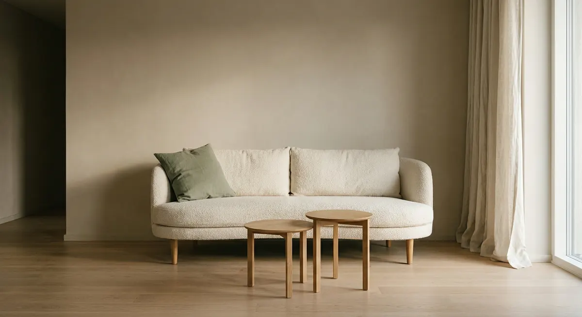 Cream boucle sofa with sage green linen cushion and light oak nesting tables on jute rug, warm minimalist apartment interior with single window light from the right