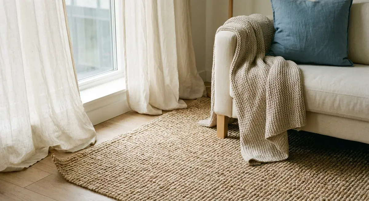 Warm apartment texture layering showing jute rug with natural fiber weave, ivory linen curtains by window, chunky oat knit throw draped over chair arm, and dusty blue linen cushion, morning window light