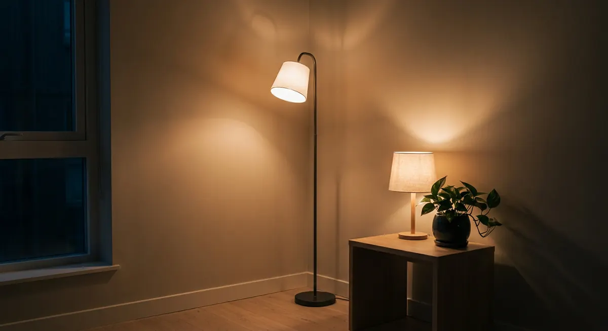 Warm minimalist apartment evening lighting showing a brass floor lamp and small table lamp casting 2700K amber glow on beige plaster walls, single window providing ambient backlight