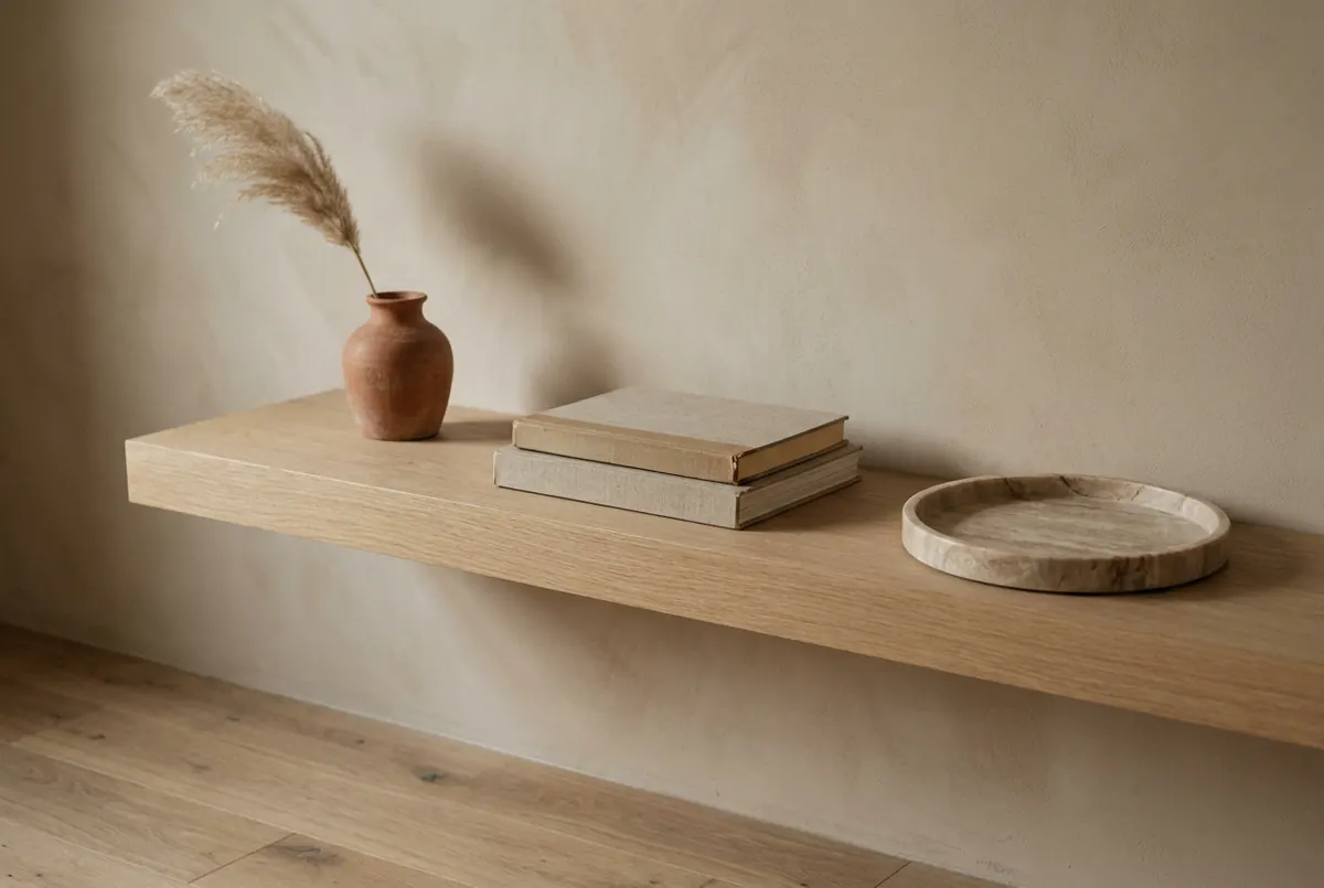Warm minimalist floating oak shelf with exactly three curated objects: terracotta vase with pampas grass stem, stacked linen books, and empty travertine marble tray, morning light casting a single shadow to the right